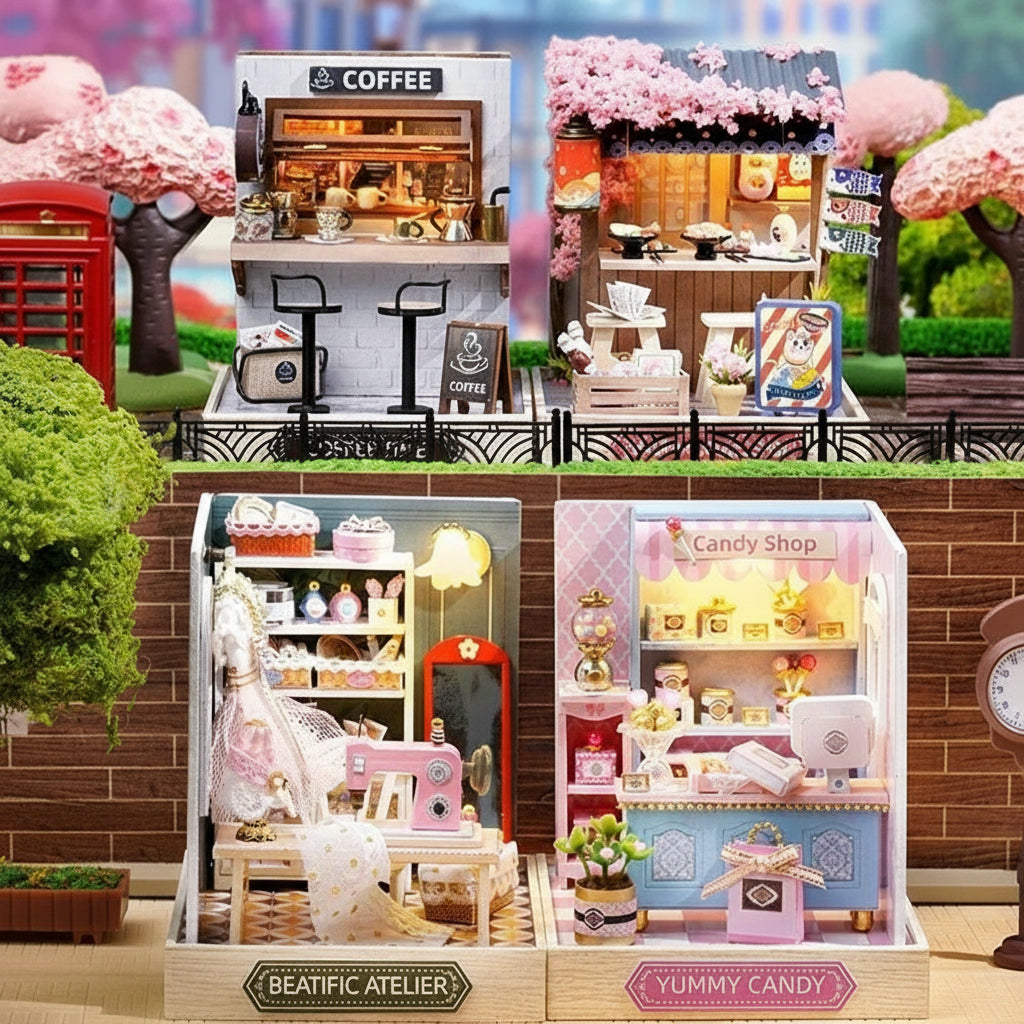 Miniature DIY cabins with various shops and a candy shop display.