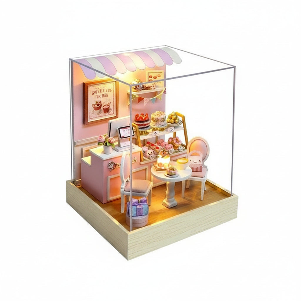Miniature model of a tea shop with clear acrylic cover and dimensions displayed.