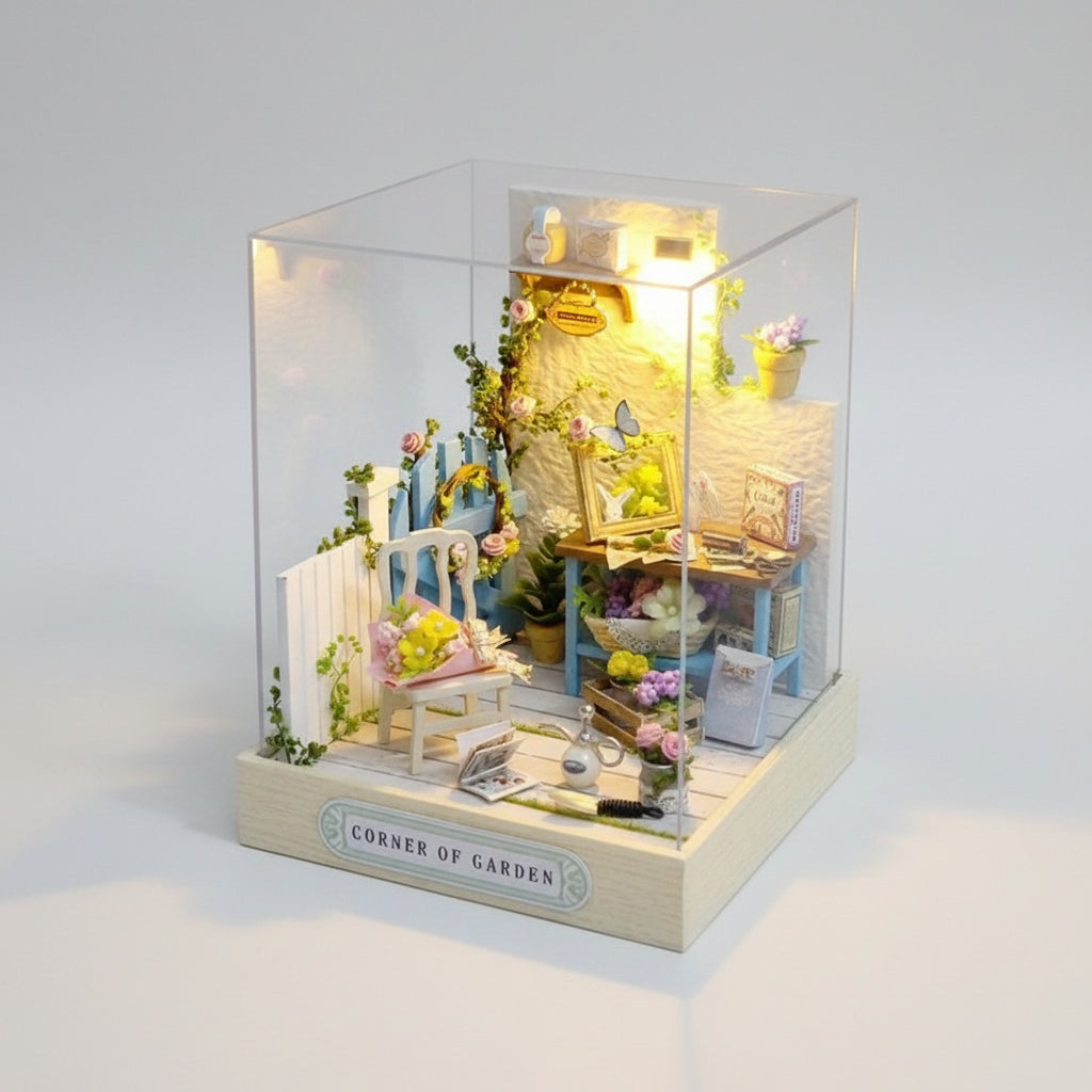 Model of a garden corner with furniture and plants, illuminated inside a clear box.