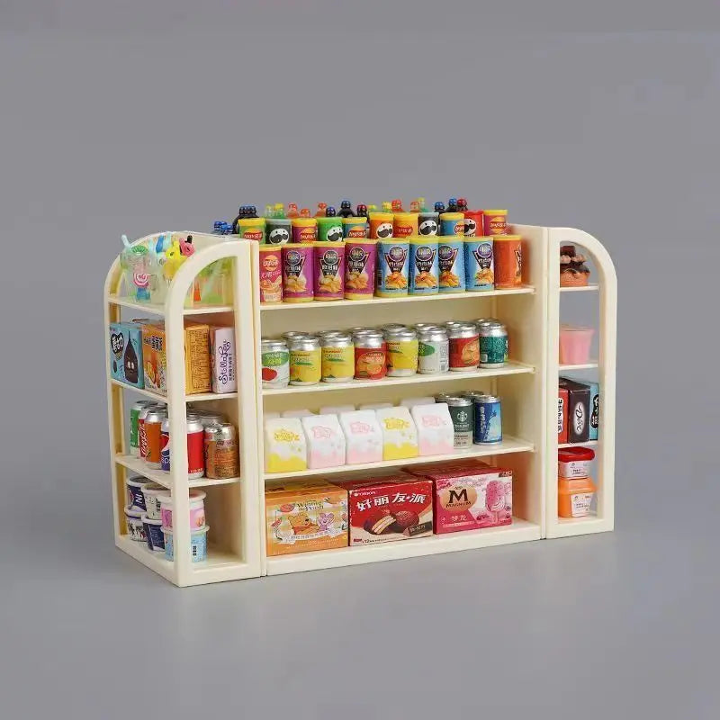 Miniature grocery store shelf with various products on a gray background