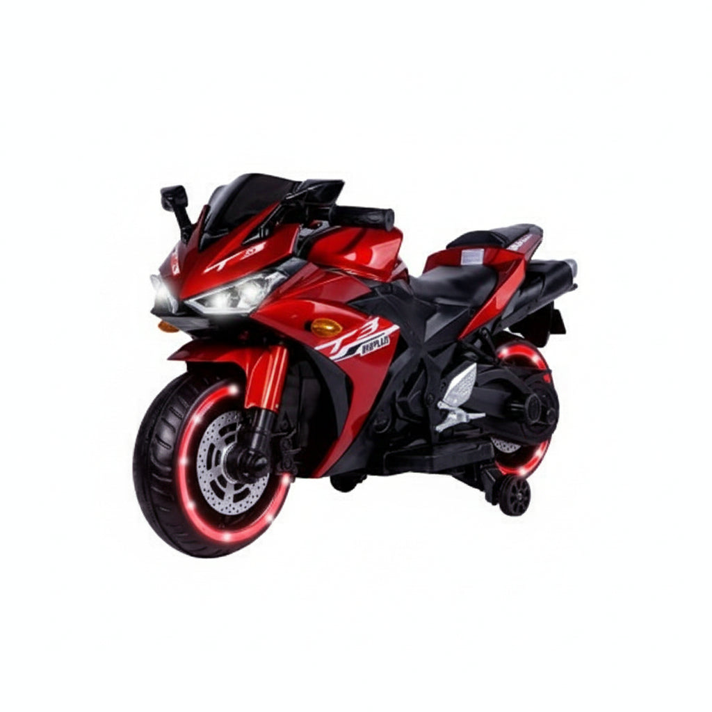 Red toy motorcycle with specifications on a white background
