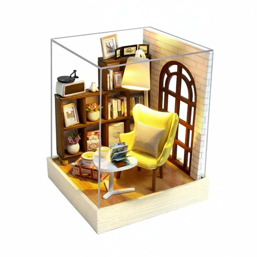 Miniature model of a cozy room with a yellow chair, bookshelf, and lamp, with dimensions indicated.