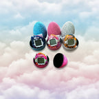 Set of colorful electronic toys in cracked eggshells on a white background