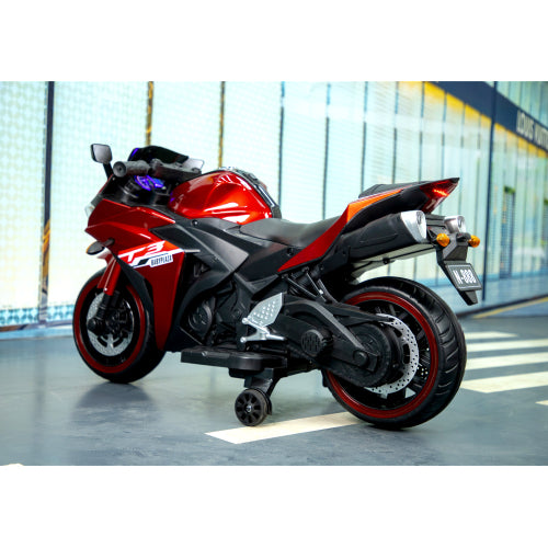 Red and black motorcycle on a showroom floor