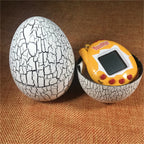 Tamagotchi-like device in a cracked egg壳 on a brown textured background