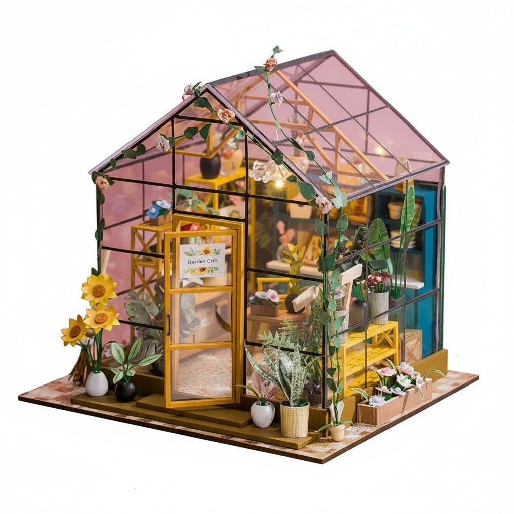 Miniature model of a greenhouse with plants and dimensions indicated