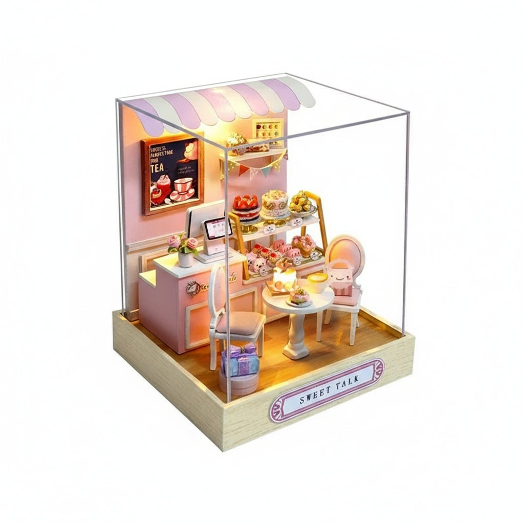 Miniature model of a tea shop with clear acrylic cover and dimensions displayed.