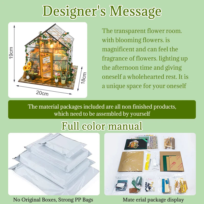 Product packaging with assembly instructions and material packages on a green background