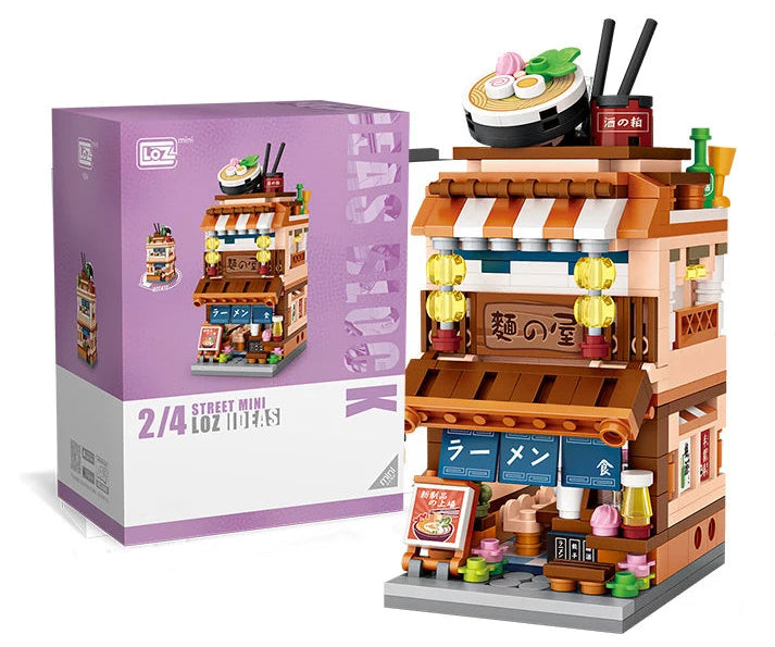 LOZ mini block set with a miniature restaurant model and packaging on a white background