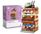 LOZ mini block set with a miniature restaurant model and packaging on a white background