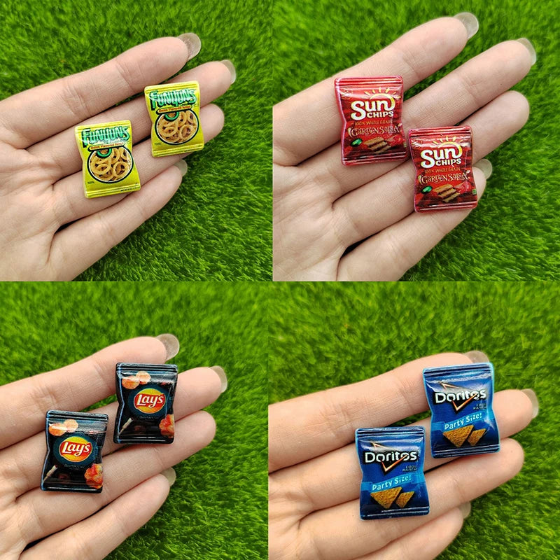 Collage of miniature snack packs held in a hand against a grass background