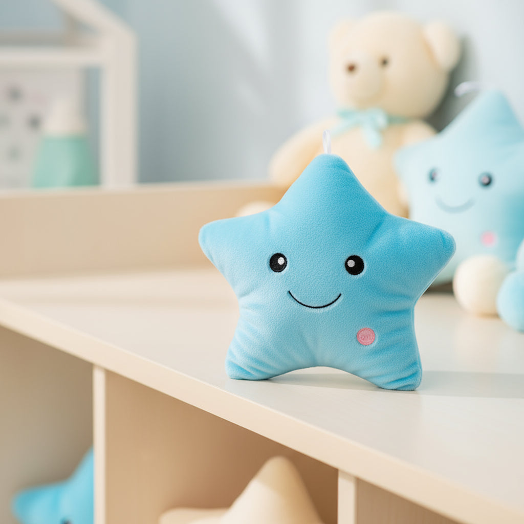 Blue star-shaped plush toy with a smiley face on a white background