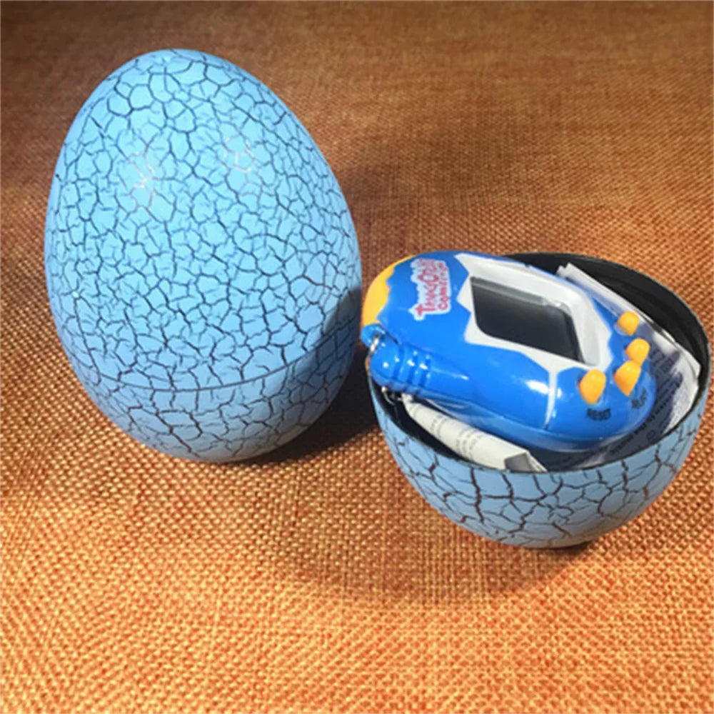 Toy dinosaur in a cracked blue egg on a brown fabric background