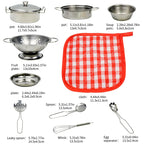 Collection of stainless steel kitchen utensils with measurements on a white background