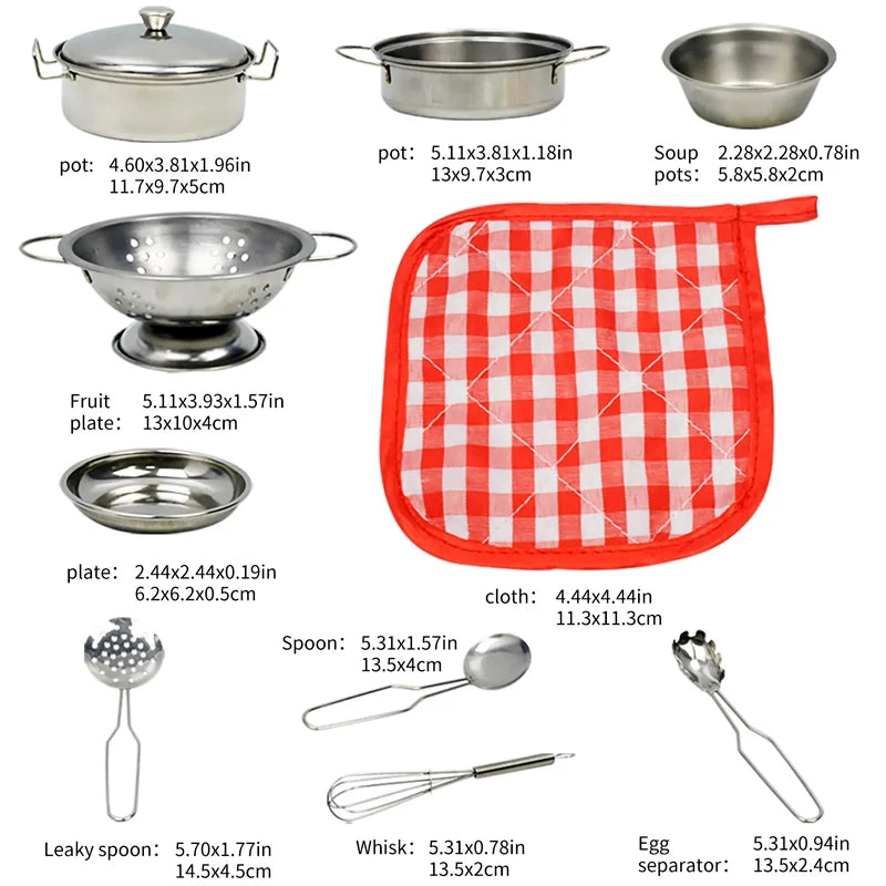 Collection of stainless steel kitchen utensils with measurements on a white background