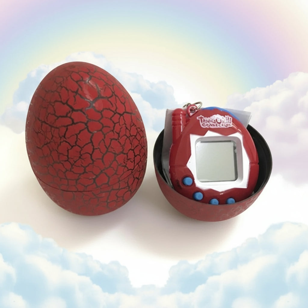 Red cracked egg-shaped toy with a digital pet inside on a white background