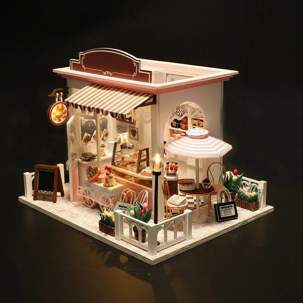 Miniature chocolate shop model with detailed interior and dimensions indicated.