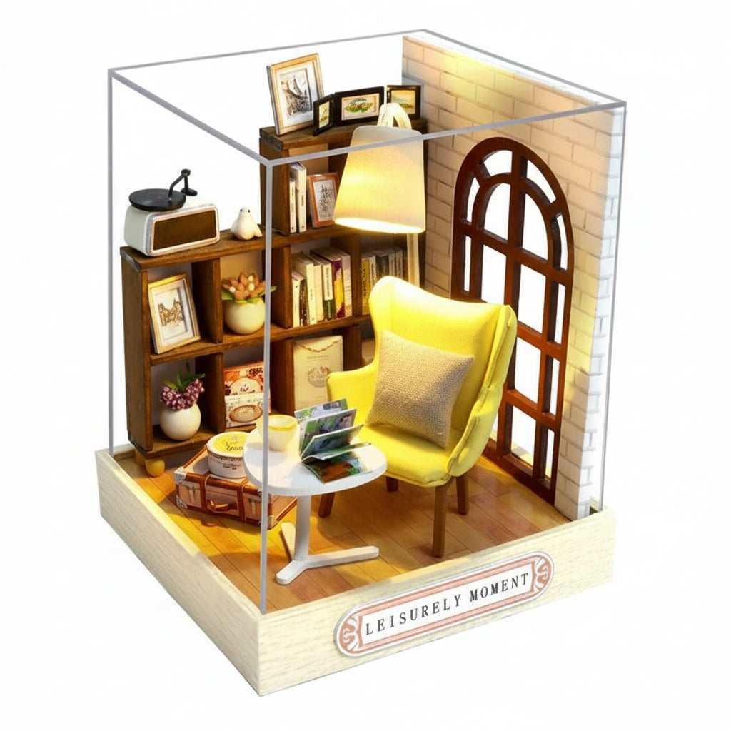 Miniature model of a cozy room with a yellow chair, bookshelf, and lamp, with dimensions indicated.