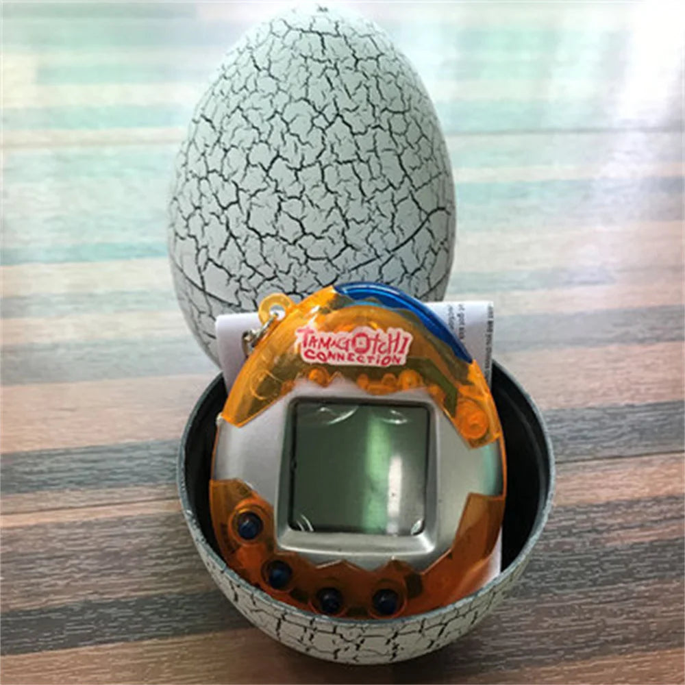 Tamagotchi Connection toy in a cracked egg-shaped container on a wooden surface