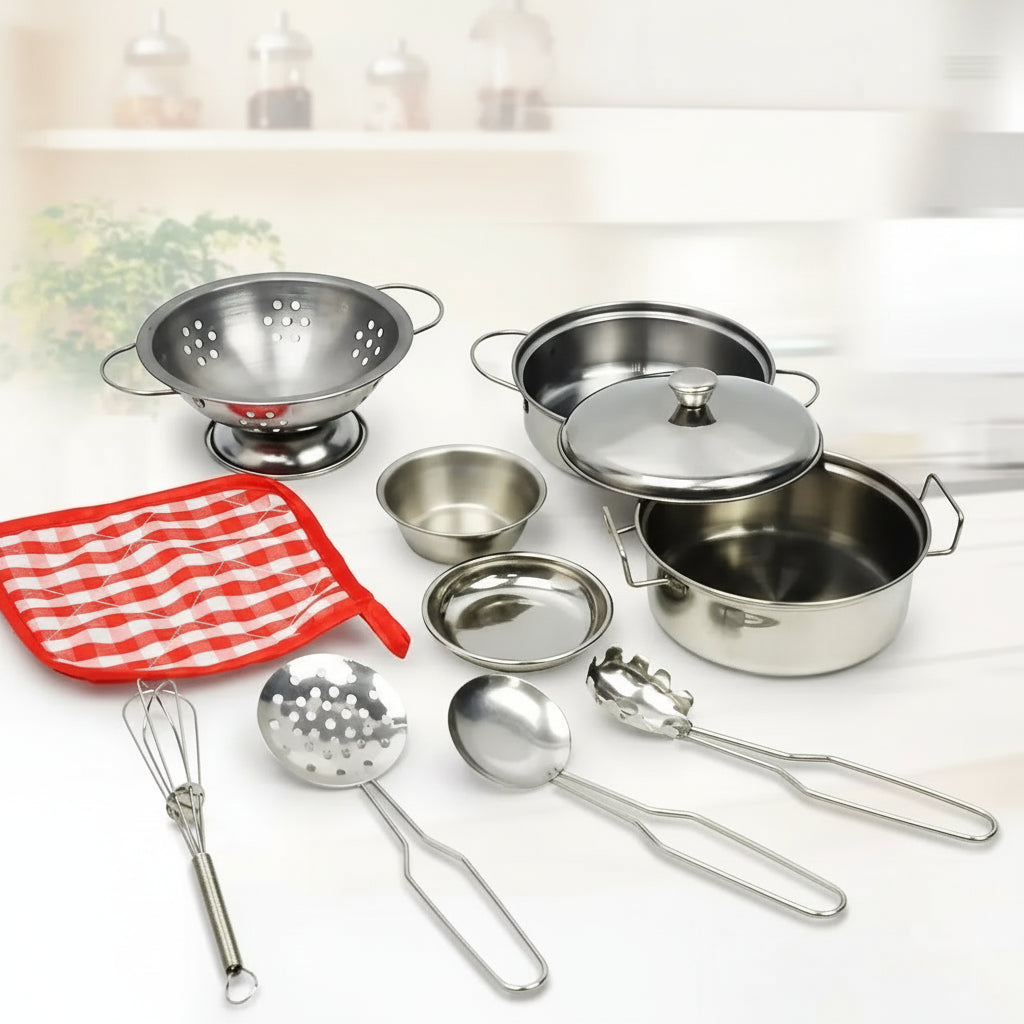 Stainless steel tableware set on a white background with text about family toy and role playing.