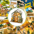 Collage of potted plants and miniature greenhouses with decorative elements.