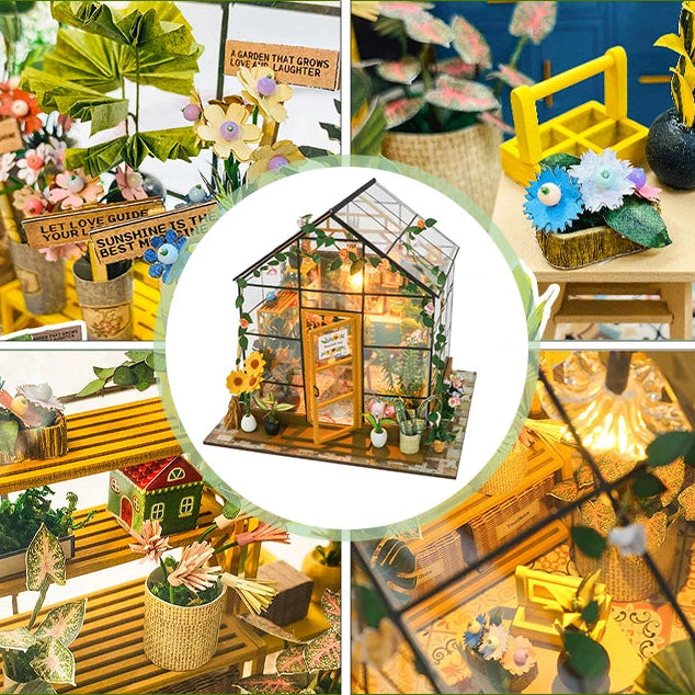 Collage of potted plants and miniature greenhouses with decorative elements.