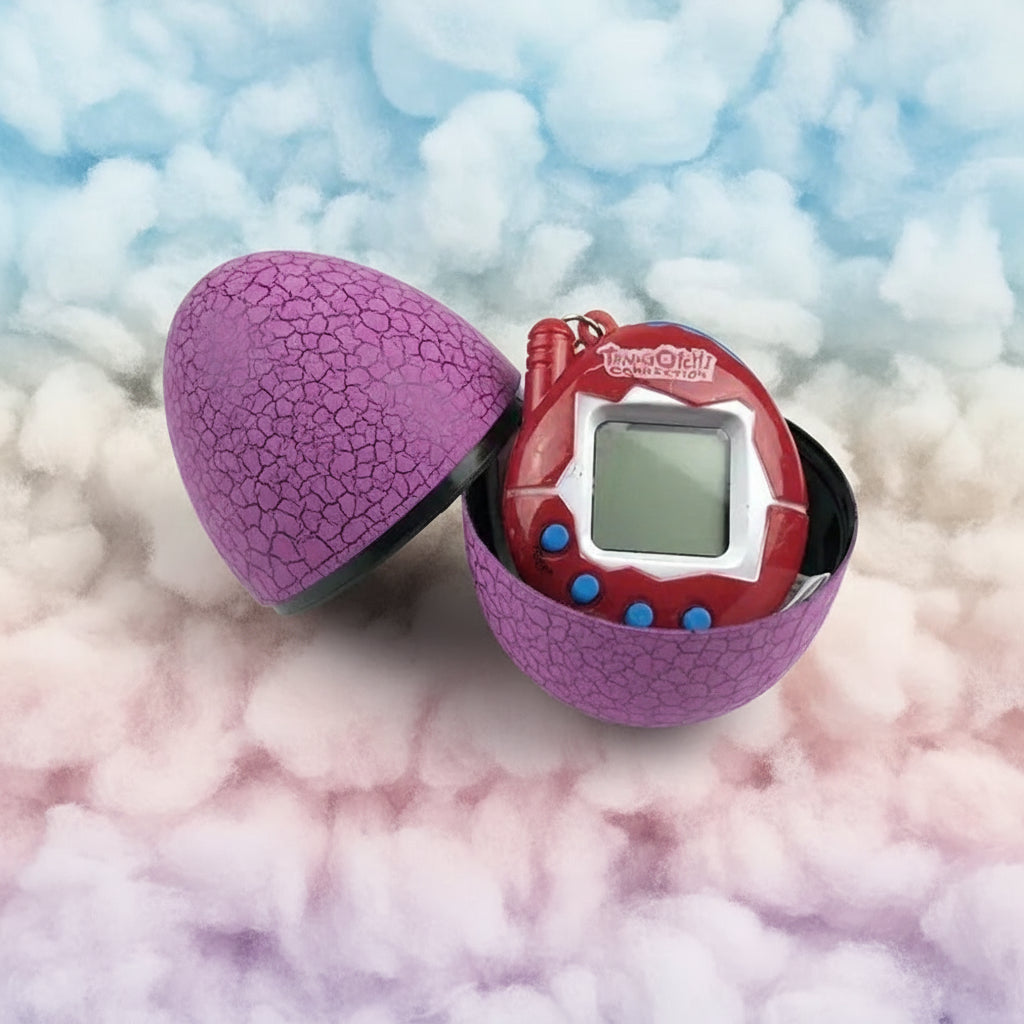 Red and purple Tamagotchi-style toy in a cracked egg-shaped case on a white background