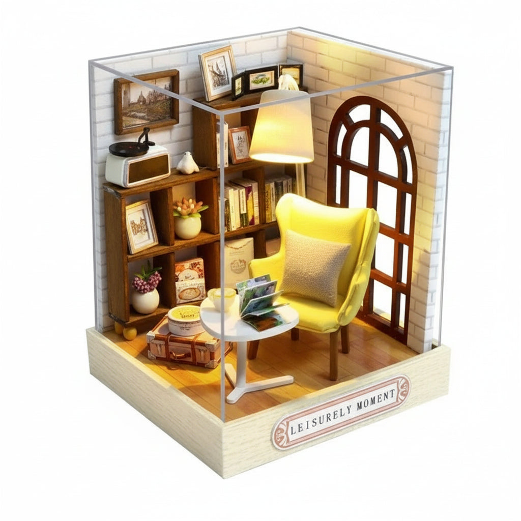 Miniature model of a cozy room with a yellow chair, bookshelf, and lamp, with dimensions indicated.