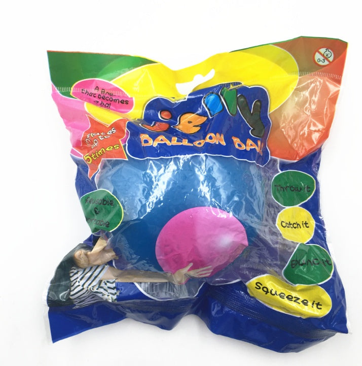 Colorful packaging of a balloon ball toy with text on a white background
