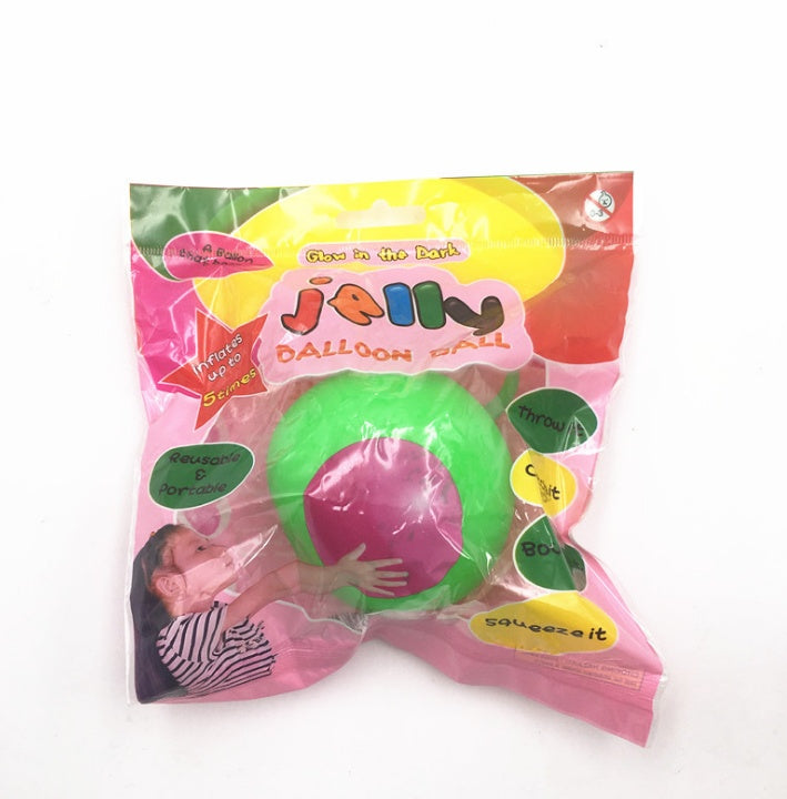 Packaged jelly balloon ball with colorful text and graphics on a white background