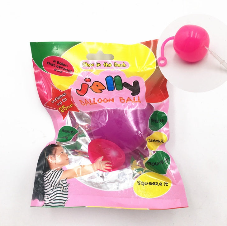 Packaged jelly balloon ball with colorful design on a white background