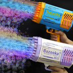 Two bubble guns labeled 'Bazooka' being used to create colorful bubbles.