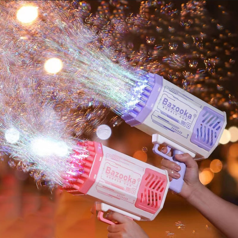 Two bubble guns labeled 'Bazooka' being used to create bubble streams with a blurred background.