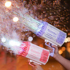 Two bubble guns labeled 'Bazooka' being used to create bubble streams with a blurred background.