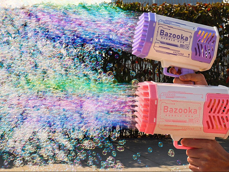 Bazooka bubble gun with colorful bubbles and LED light, held by a person.