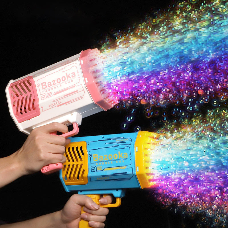 Toy bubble gun with colorful bubbles against a dark background