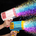 Toy bubble gun with colorful bubbles against a dark background