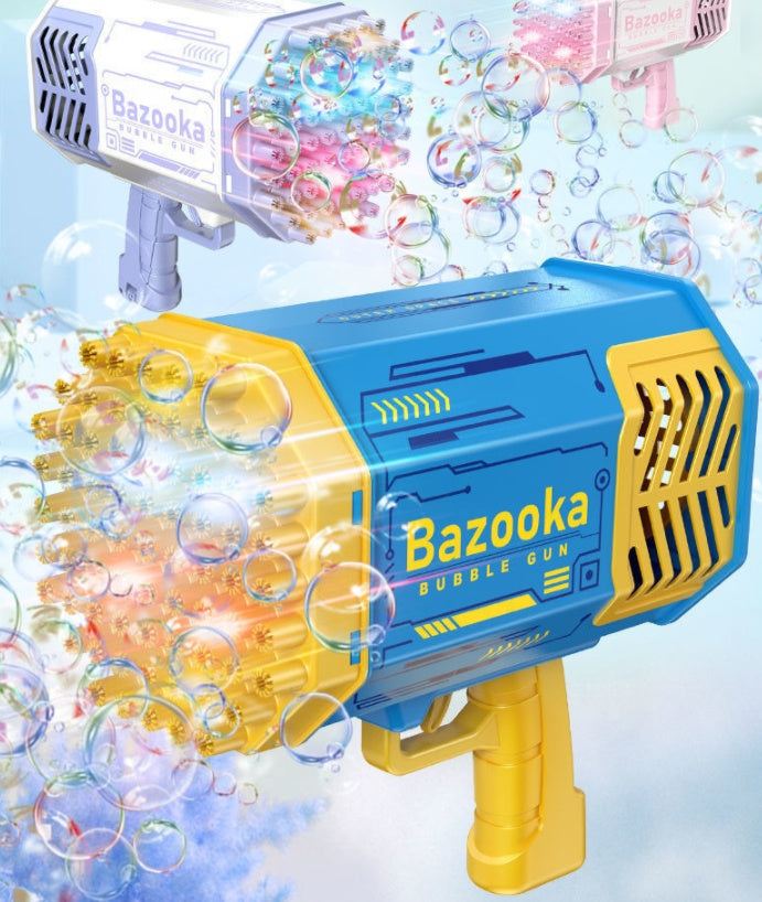 Bubble gun toy with 'Bazooka' branding surrounded by bubbles on a light blue background