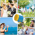 Collage of people using a bubble machine in various settings, including a wedding and a park.