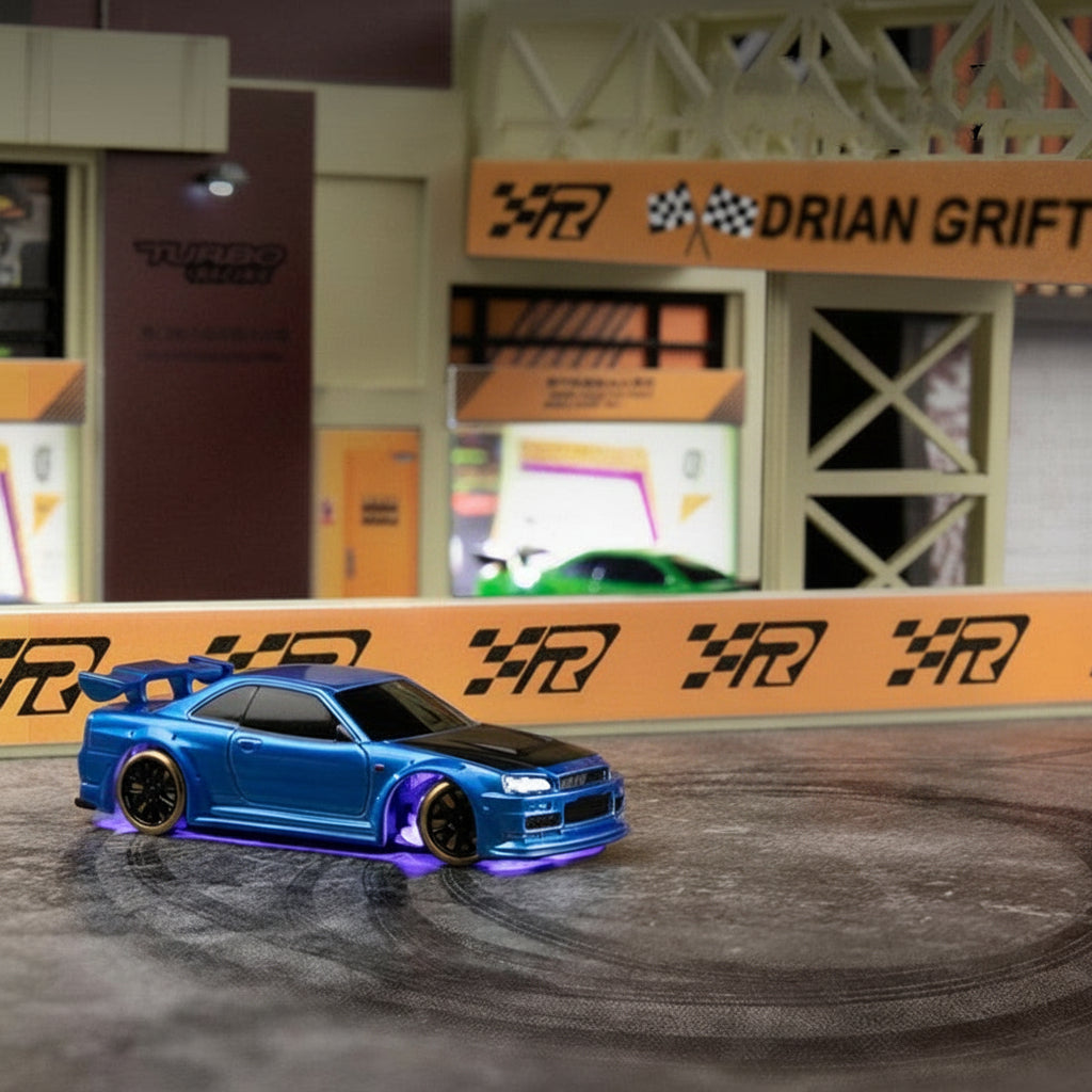 Blue RC drift car with features listed on a blurred background