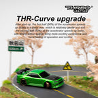 Green toy car on a road with 'Turbo Racing' branding and text about THR-Curve upgrade.