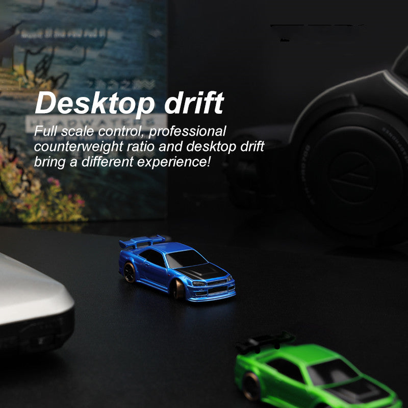 Toy cars on a dark surface with text about desktop drift.