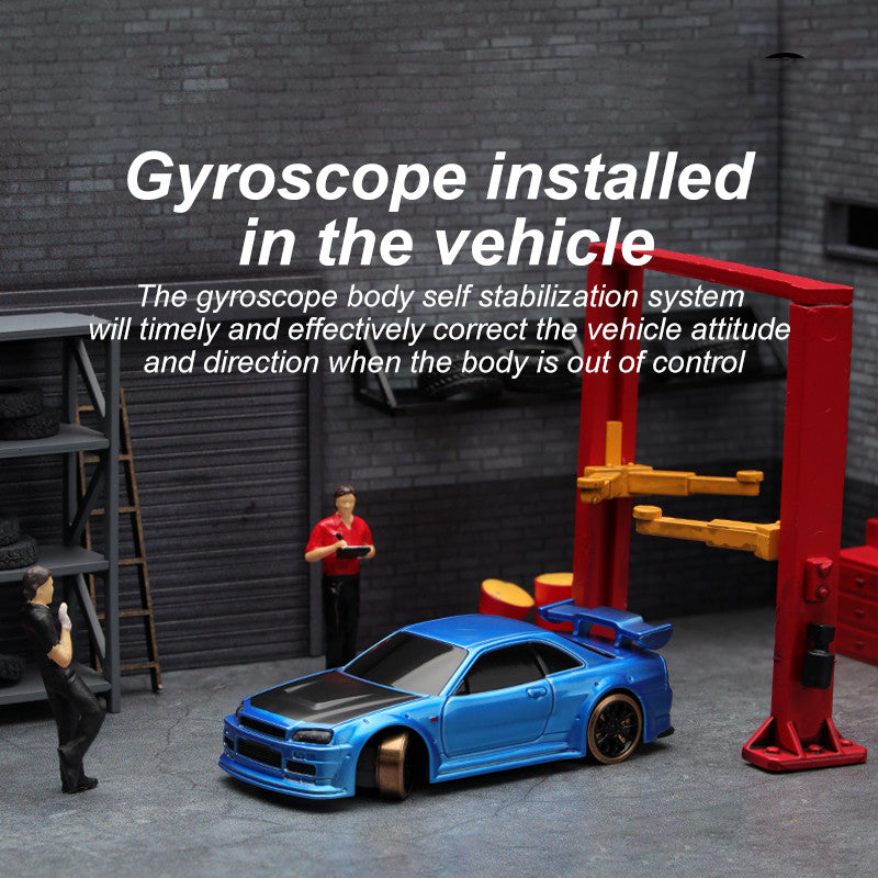 Model car with a blue color scheme on a stand, with text about a gyroscope system in the vehicle.