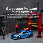 Model car with a blue color scheme on a stand, with text about a gyroscope system in the vehicle.