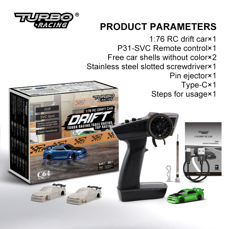 Turbo Racing RC drift car set with packaging, remote control, and accessories on a white background.