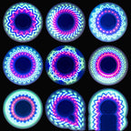 Nine colorful LED coasters with a black background