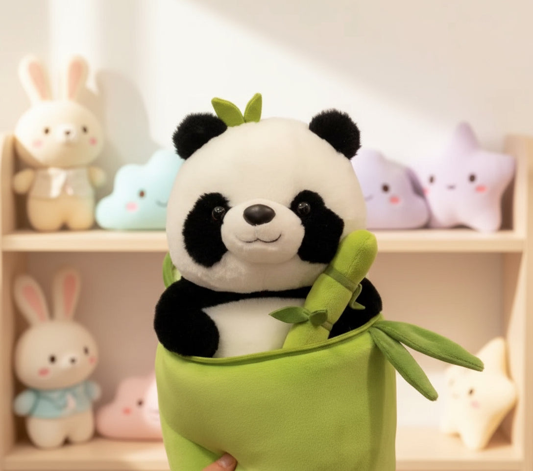 Plush panda toy held in a green sleeve with a blurred indoor background