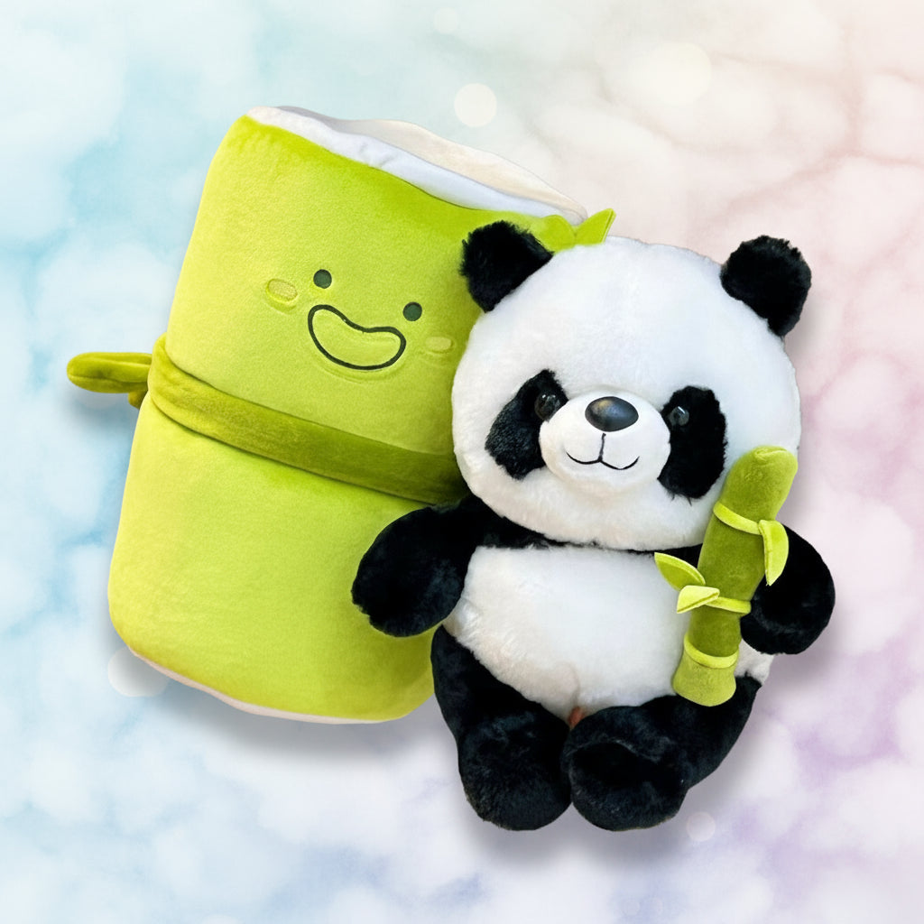 Plush panda toy holding a green bamboo stick next to a lime green bag with a smiley face.