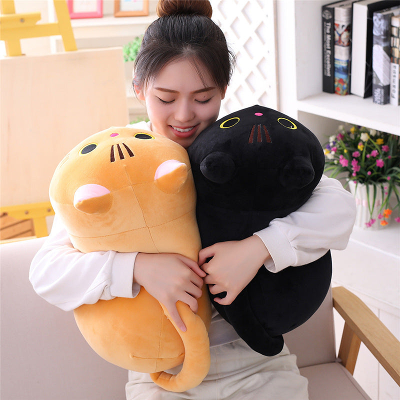 Person holding two cat-shaped plush toys, one orange and one black, in a room with a bookshelf and flowers.