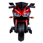 Red and black toy motorcycle on a white background